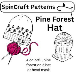 May include: A knitting pattern for a hat or face mask with a pine forest design. The pattern is called "Pine Forest Hat" and includes instructions for a colorful pine forest design.