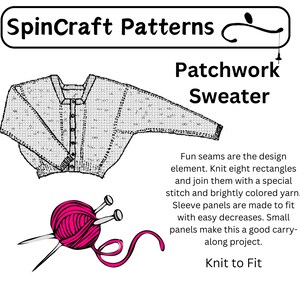 May include: Illustration of a patchwork sweater pattern from SpinCraft Patterns. The design features a button-down cardigan with a detailed stitch pattern. A ball of pink yarn with knitting needles is also shown. Text includes "Patchwork Sweater" and "Knit to Fit".