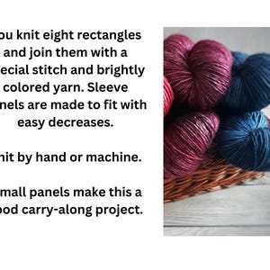 May include: A basket filled with colorful yarn skeins in shades of red, purple, and blue. The image includes text about knitting rectangles and joining them with a special stitch. The text also mentions knitting by hand or machine.
