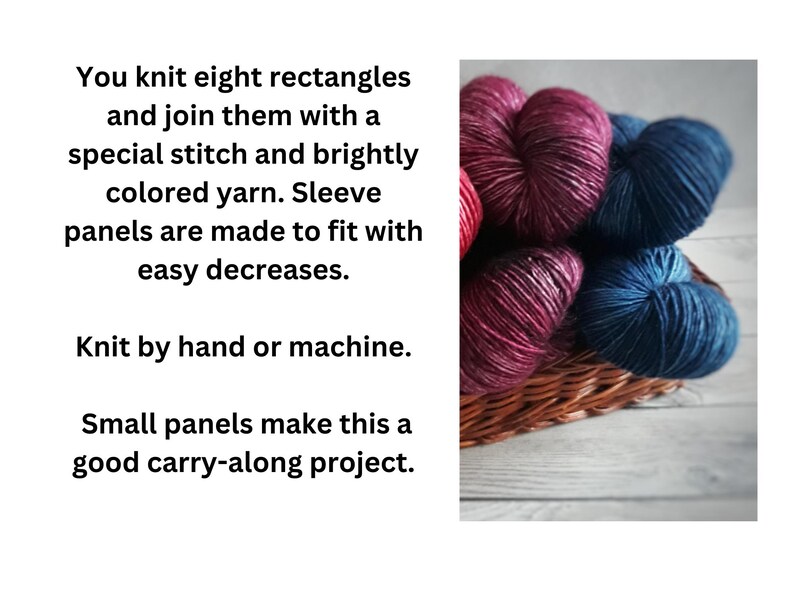 May include: A basket filled with colorful yarn skeins in shades of red, purple, and blue. The image includes text about knitting rectangles and joining them with a special stitch. The text also mentions knitting by hand or machine.