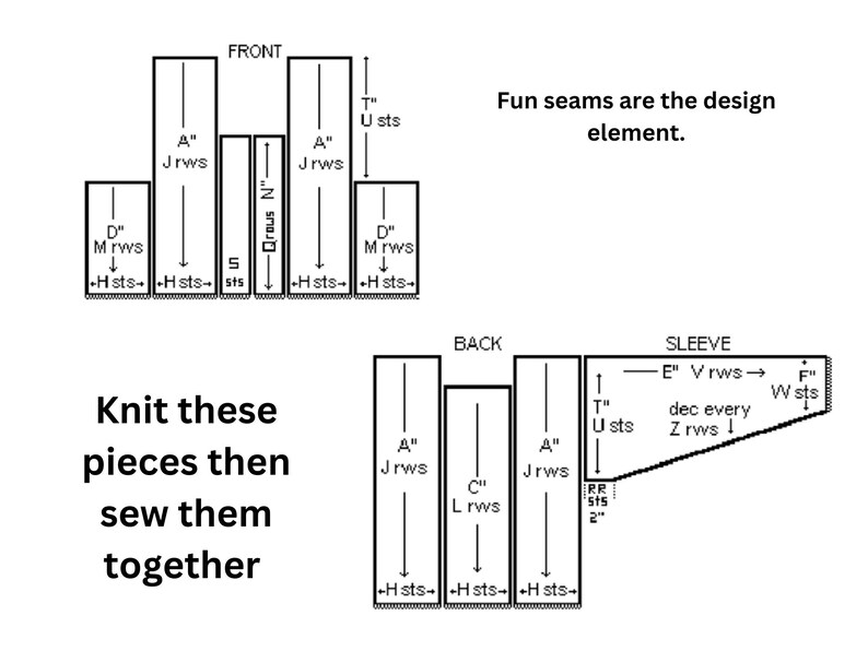 May include: Diagram of knitting pattern pieces with labels like "FRONT", "BACK", and "SLEEVE". Text includes "Knit these pieces then sew them together" and "Fun seams are the design element."