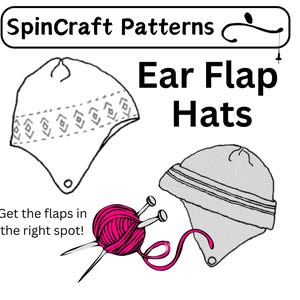 Może przedstawiać: Czarno-biały rysunek dwóch czapek z klapami na uszy. Tekst "SpinCraft Patterns" i "Ear Flap Hats" znajduje się nad czapkami. Tekst "Get the flaps in the right spot!" znajduje się pod czapkami. Kulka różowej włóczki i dwie druty do robótek na drutach znajdują się w prawym dolnym rogu obrazu.