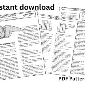 May include: A collection of printed knitting patterns, including a "Patchwork Sweater" design, with diagrams and instructions. The text "Instant download" and "PDF Pattern" are displayed. The patterns are in black and white.