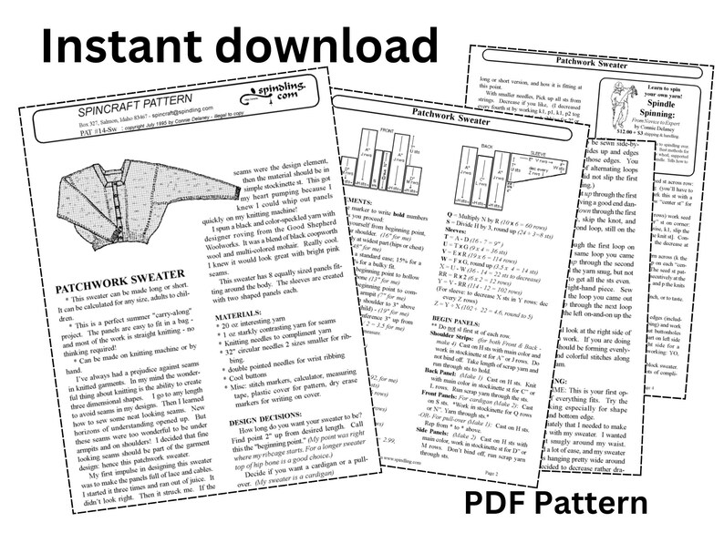 May include: A collection of printed knitting patterns, including a "Patchwork Sweater" design, with diagrams and instructions. The text "Instant download" and "PDF Pattern" are displayed. The patterns are in black and white.