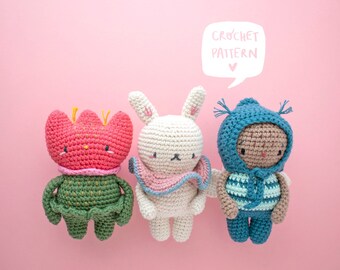 SPRINGTIME pattern: Hana the flower, Shiro the bunny & Amai the bee. Spring crochet pattern, amigurumi pdf pattern bee, flower and bunny