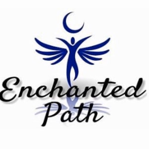 May include: A logo featuring a blue figure with outstretched arms and stylized wings, topped with a crescent moon. The words "Enchanted Path" are written in elegant script below the figure, all set against a white background.