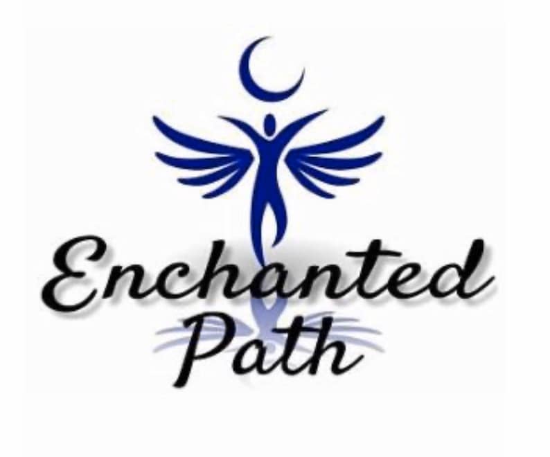 May include: A logo featuring a blue figure with outstretched arms and stylized wings, topped with a crescent moon. The words "Enchanted Path" are written in elegant script below the figure, all set against a white background.