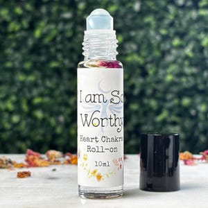I Am So Worthy Crystal Elixir, Heart Chakra Rose Oil 10ml individual roll-on bottle