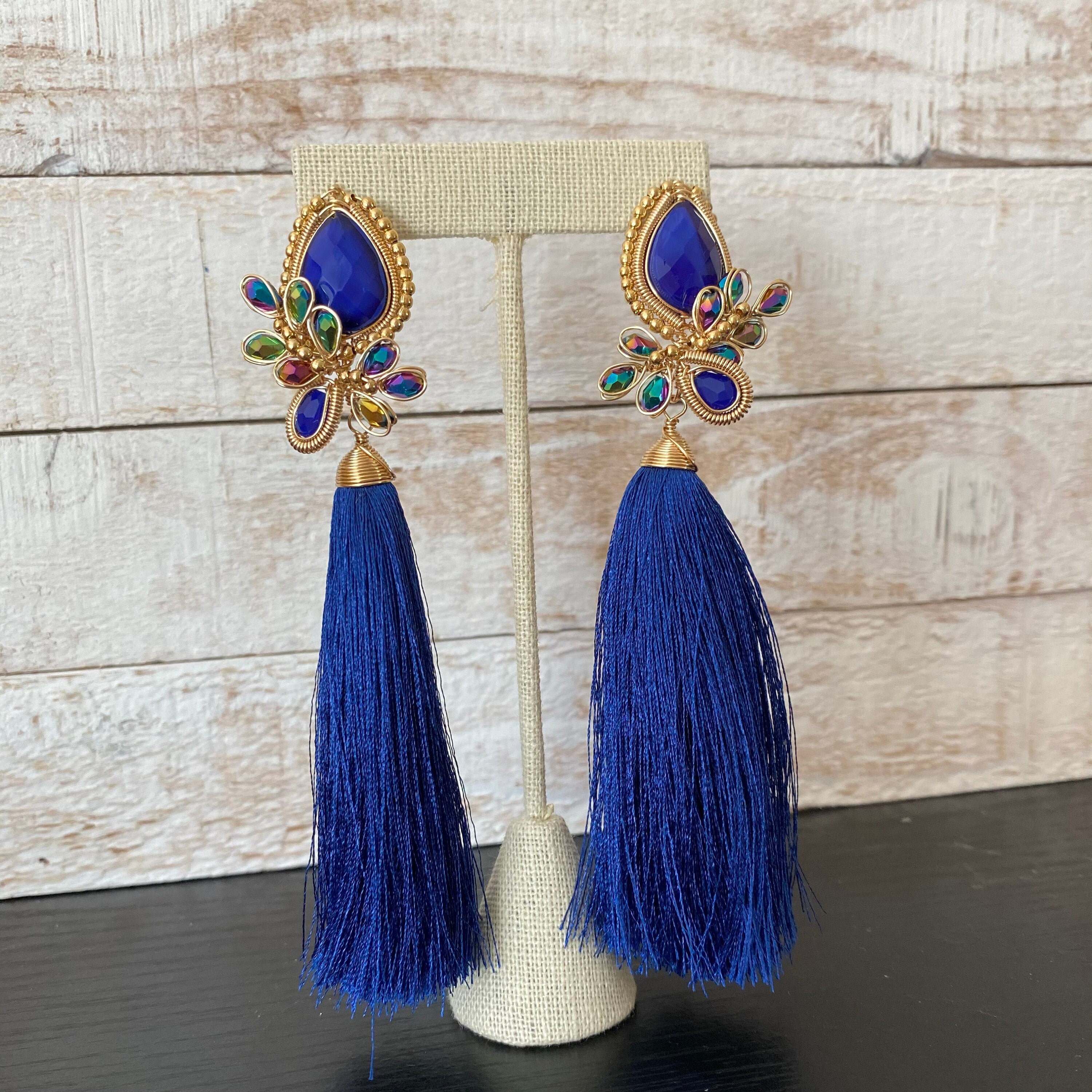 Blue tassel earrings Etsy