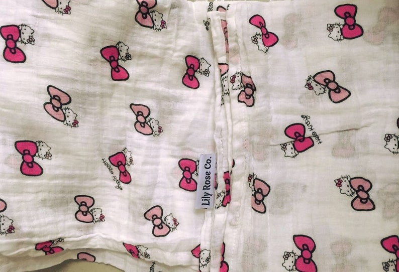 fun bow trendy Peek A Boo Kitty 100/% Cotton Muslin Swaddle Blanket hello toddler baby shower 40X40 kitty