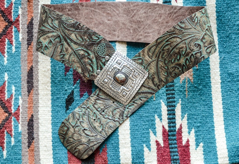 Taupe and Turquoise Embossed LEather Wide Belt