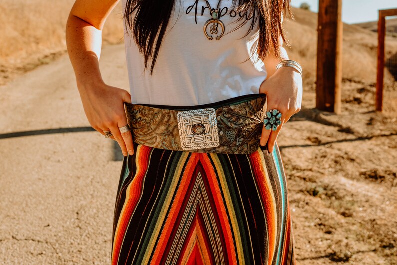 Taupe and Turquoise Embossed LEather Wide Belt