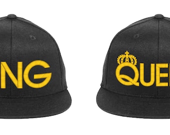 King & Queen, Couple Matching, Set of 2 Snapback Hats (Gold Yellow Thread)