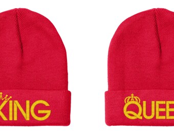 King Queen, Couple Matching, Set of Knit Winter Beanie Hats
