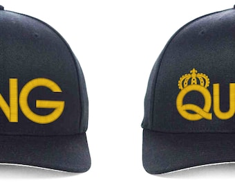 King & Queen, Couple Matching, Set of 2 Flexfit Hats (Gold Yellow Thread)