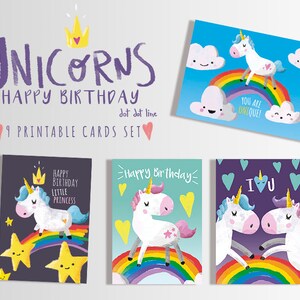 Happy Birthday Unicorn 9 Printable Cards Set 50% OFF! INSTANT DOWNLOAD ...