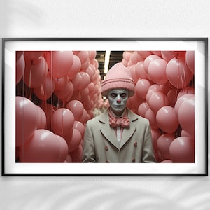 Sad clown photography poster, digital clown wall art, sad clown art, spooky clown art, clown with pink balloons photography