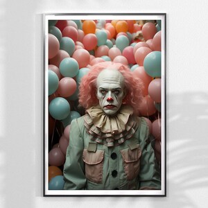 Sad clown photography poster, digital clown wall art, sad clown art, sad clown wall decor, spooky clown art, clown with balloons photography