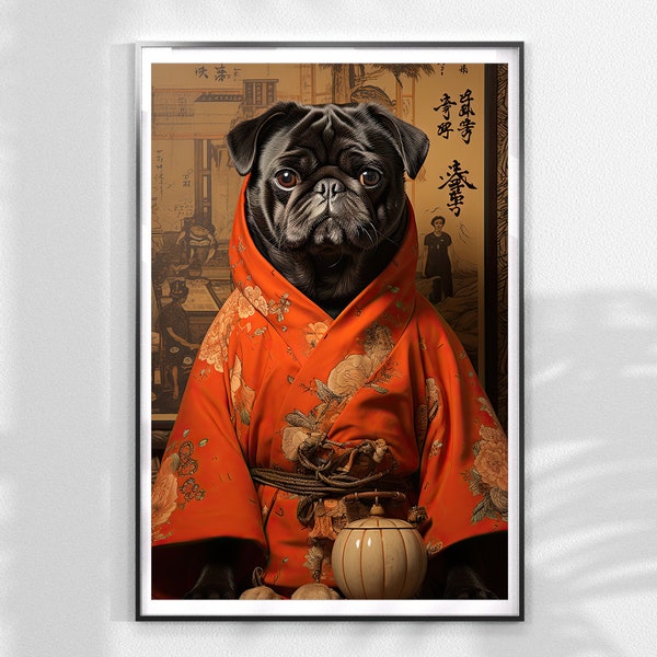 Printable black pug in kimono portrait, Digital pet portrait, Pug illustration wall decor, pug printable art, Japanese dog art