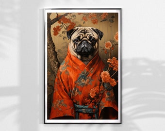 Printable pug in kimono portrait, Digital pet portrait, Pug illustration wall decor, pug printable art, pug in kimono art, Japanese pug art