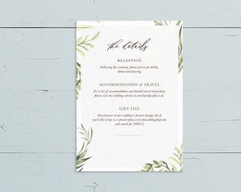 Simply Foliage Wedding Info Card - Printable / Digital Download