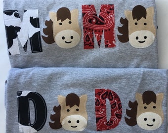 Mom, Dad, MAMA, DADA or sibling coordinating shirt for Barnyard themed birthday tee. Farm rodeo, horse themed, bandana, first birthday shirt