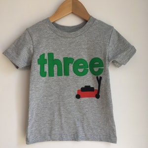 Lawn mower three birthday shirt.  Push mower birthday shirt. Lawn party. Second, third, any age. Grass, lawn, riding mower, push mower