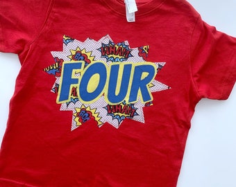 Superhero POW birthday shirt, Super hero party, THREE, FOUR, Five, boy birthday shirt, any age, shield, superhero shirt 3rd, 4th, 5th birthd