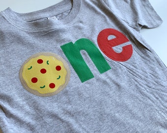 Pizza themed first birthday shirt. ONE, burger, food, pizza, 1st, any age customizable. Fast food, back yard bbq, pizza night, picnic