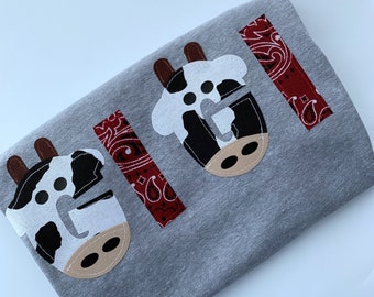 GIGI, Grandma, Grandpa, any name, coordinating shirt for Barnyard themed birthday tee. Farm party, cow themed, bandana, first birthday shirt