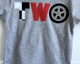 Race car TWO birthday shirt. Completely customizable. Racecar birthday shirt. Racing, car, auto,  second, checkered flag, indy car, tire