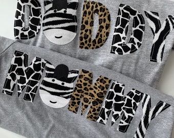 MOMMY, DADDY, Mom, Dad coordinating shirt  animal birthday, zebra, cheetah themed birthday. Wild One, Zoo birthday, animal, safari, jungle