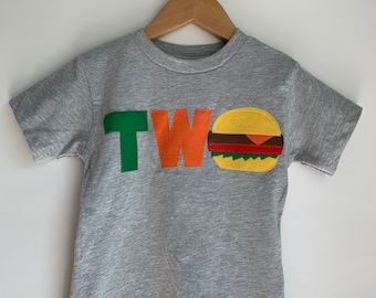 Cheeseburger themed second birthday shirt. TWO, burger, food, pizza, 2nd, any age customizable. Fast food, back yard bbq, grill out, picnic