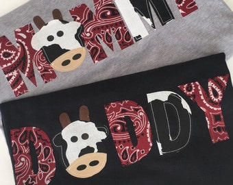 MOMMY, DADDY or sibling coordinating shirt for Barnyard themed ONE birthday tee. Farm party, cow themed, bandana, first birthday shirt