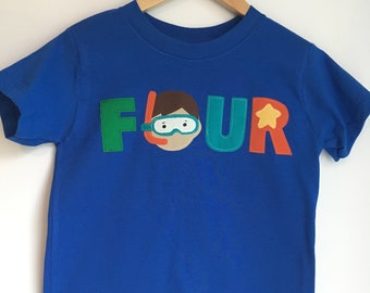FOUR scuba diver, swimmer, snorkel birthday shirt. Any age, fish, starfish, swim, dive, birthday party, one, two, three, four, 4th birthday