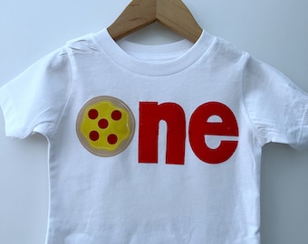 Pepperoni Pizza themed first birthday shirt. ONE, food, pizza, 1st, any age customizable. Fast food, backyard bbq, pizza night, picnic