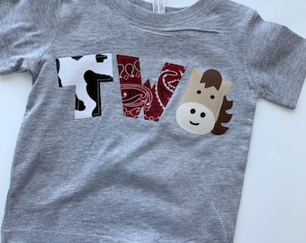 Horse themed 2nd birthday tee. TWO, 2, second birthday shirt. Barnyard, rodeo, horse, polo, bandana. Horse riding party, any age birthday