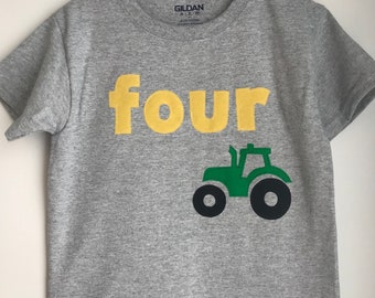 Tractor themed fourth birthday shirt. Any age. FOUR shirt, third, tractor, farm, cow, pig, barn barnyard. Tractor birthday, lawn mower