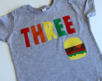 Cheeseburger themed third birthday shirt. THREE, burger, food, pizza, 3rd, any age customizable. Fast food, back yard bbq, grill out, picnic