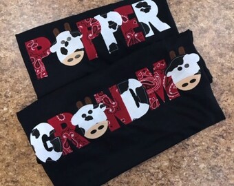 Grandma OR Grandpa, any name, coordinating shirt for Barnyard themed birthday tee. Farm party, cow themed, bandana, first birthday shirt