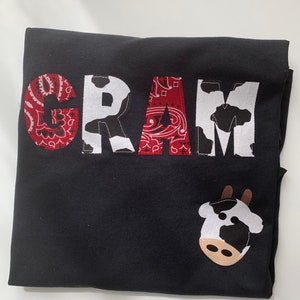Gram, Grandma, Grandpa, any name, coordinating shirt for Barnyard themed birthday tee. Farm party, cow themed, bandana, first birthday shirt