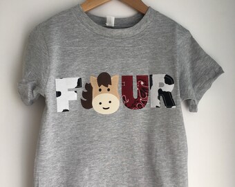 Horse themed FOUR birthday tee. Farm party, cow themed, bandana, four birthday shirt, 4th birthday party, fourth birthday shirt