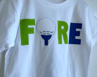 FORE play on words golf tee birthday shirt, fourth birthday, golf birthday shirt, first birthday, hole in one birthday party, custom age