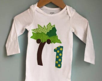 Chica chica boom boom inspired birthday shirt with name. First birthday, 1st birthday, one shirt, one shirt, book themed party, palm tree