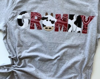 GRAMMY, GRAMS, Papa, any name, coordinating shirt for Barnyard themed birthday tee. Farm party, cow themed, bandana, first birthday shirt