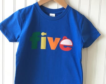 O-fish-ally FIVE birthday tee. Fishing themed birthday shirt. Bobber, fishing, boating, vacation, trip, birthday shirt. Any age. camping,