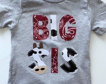 Barnyard themed BIG SIS or any custom name. Farm party, cow themed, bandana, first birthday shirt, brother, sister, second birthday sis