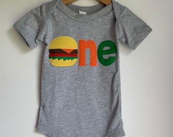Cheeseburger themed first birthday shirt. ONE, burger, food, pizza, 1st, any age customizable. Fast food, back yard bbq, grill out, picnic