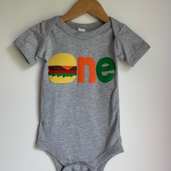 Cheeseburger themed first birthday shirt. ONE, burger, food, pizza, 1st, any age customizable. Fast food, back yard bbq, grill out, picnic