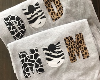 MOM, DAD or sibling coordinating shirt for animal birthday, zebra, cheetah themed birthday. Wild One, Zoo birthday, animal, safari, jungle